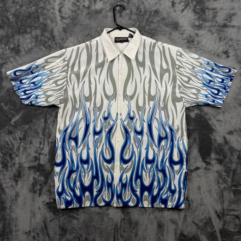 Sapphire Lounge Button Down Shirt Mens XL White Blue Tribal Flame Y2K Streetwear